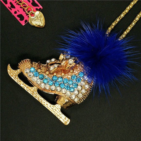 Betsey Johnson Blue Fluff/Skate Necklace - Picture 3 of 8